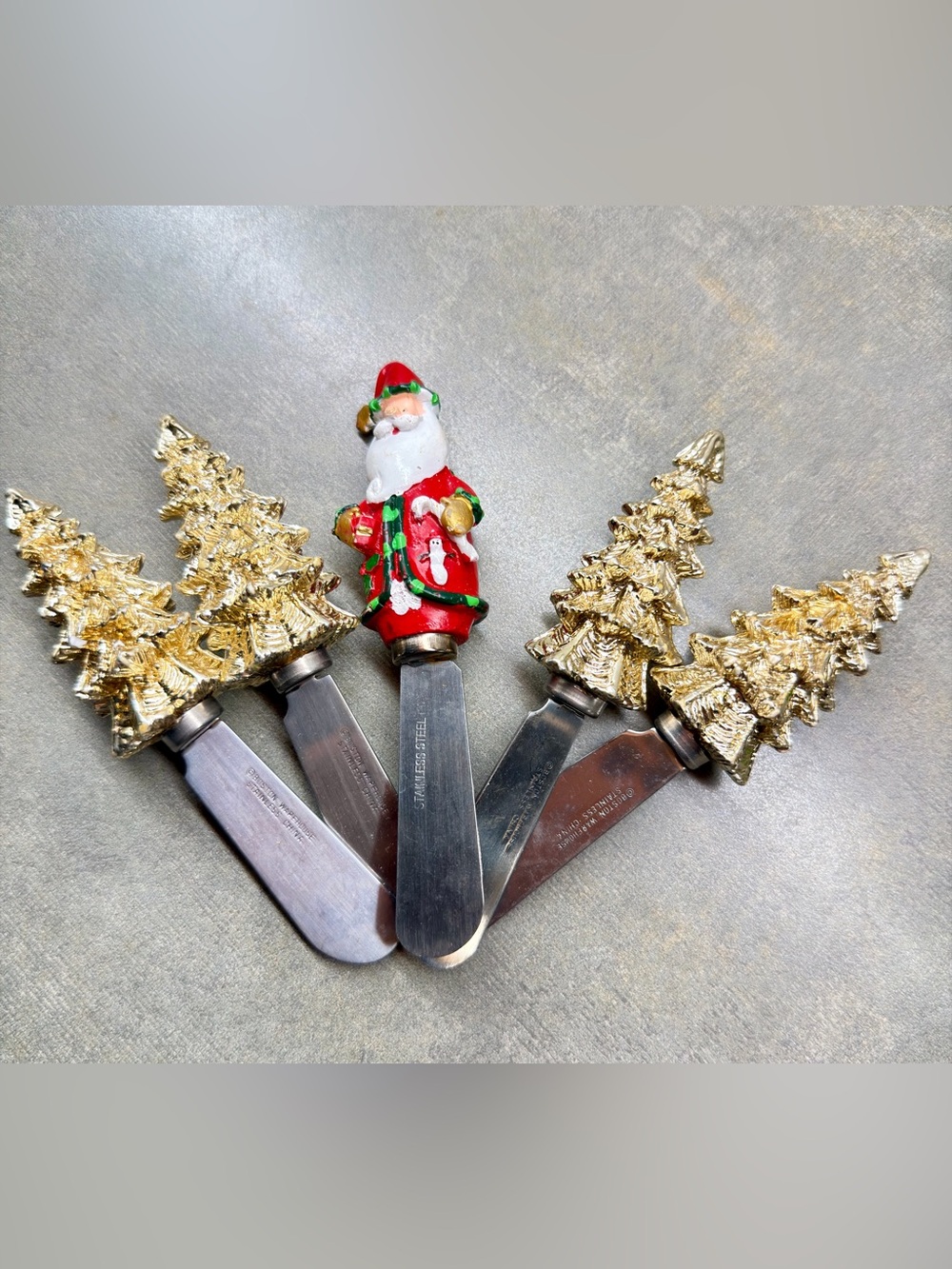 Vintage 1990s Boston Warehouse Gold Christmas Tree Cheese Spreaders Set of 4